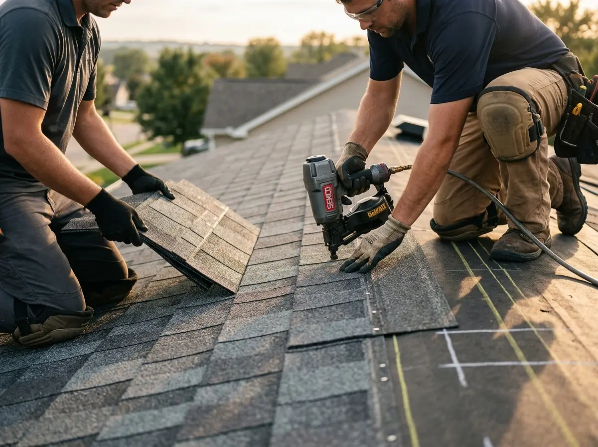 Professional roofer working on a residential roof in Pinole